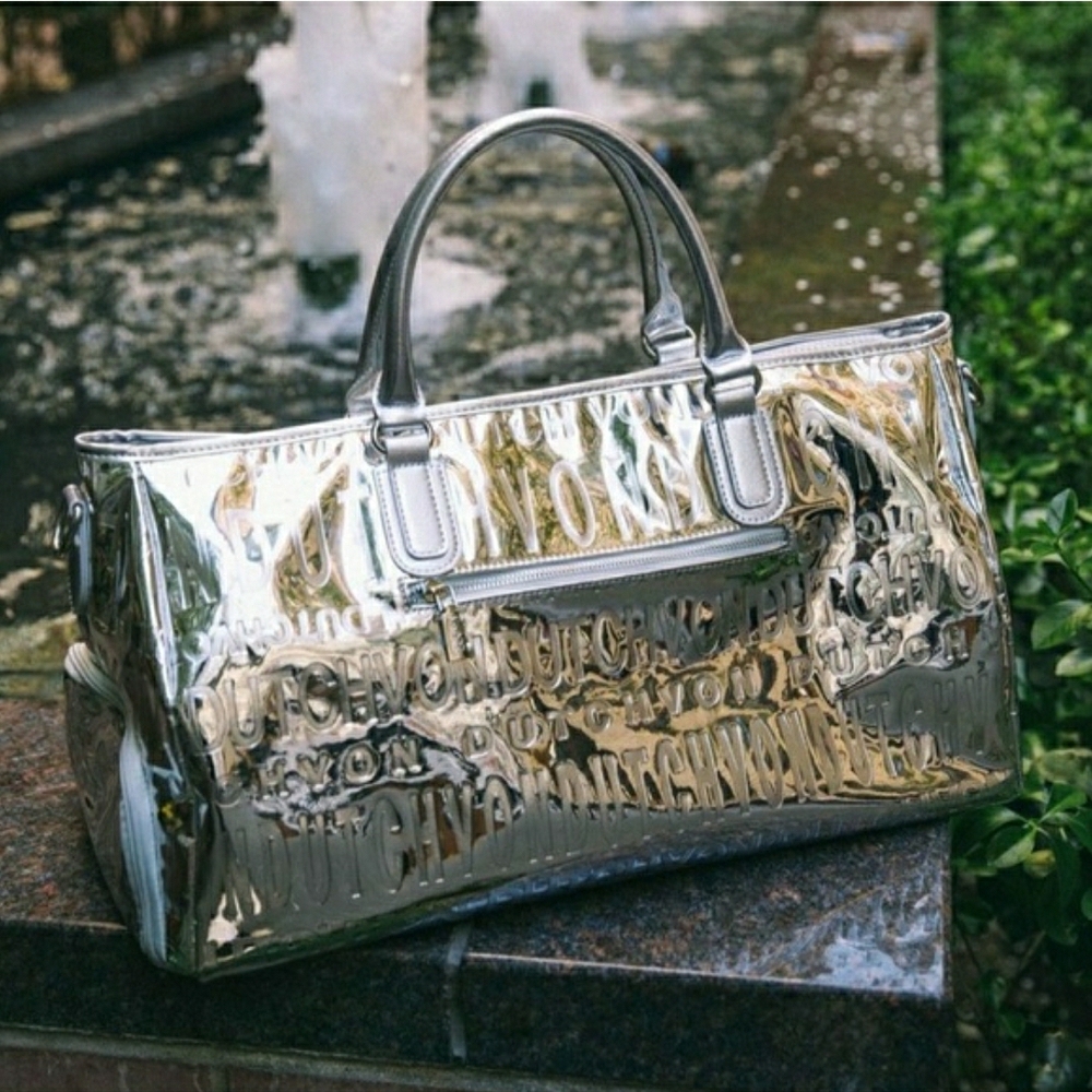 NWT! Von Dutch Metallic Silver Mirrored Weekender Gym Duffel Bag (Retail $379) - Picture 14 of 16